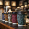 Rij bedrukte koffiebekers met verschillende designs in een koffiezaak, als voorbeeld van custom drukwerk van Cuppix.
