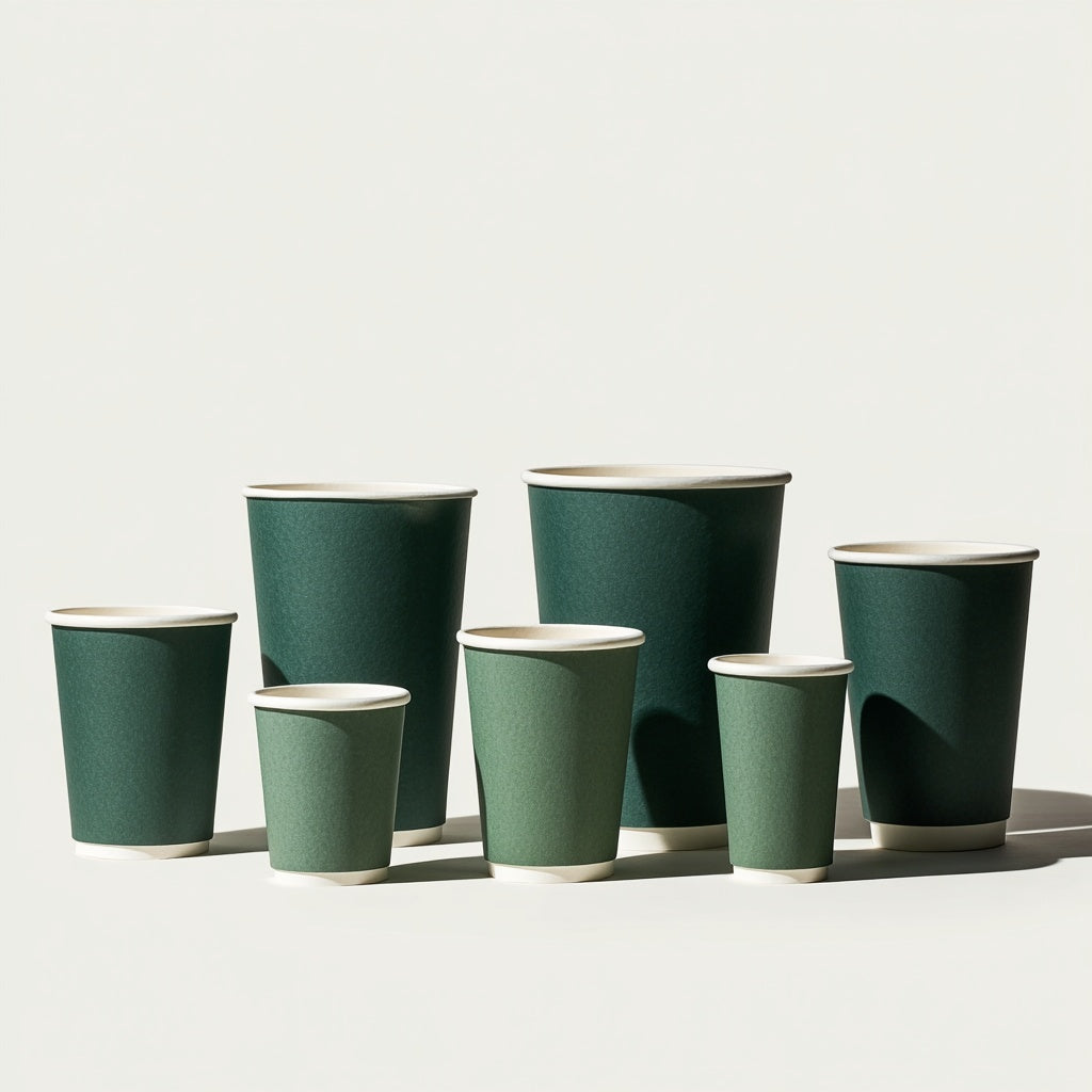 Overzicht van verschillende koffiebeker maten van 4 oz tot 16 oz, gebruikt als visuele gids voor ondernemers die de juiste cup size willen kiezen.