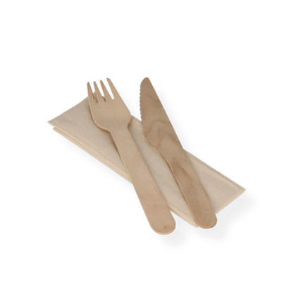 Besteckset Holz 3-teilig Messer Gabel Serviette 165 mm beschichtet FSC 100 %