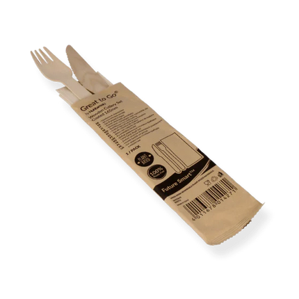 Besteckset Holz 3-teilig Messer Gabel Serviette 165 mm beschichtet FSC 100 %