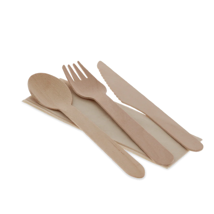 Besteckset aus Holz 4/1 Messer Gabel Löffel Serviette FSC 100%