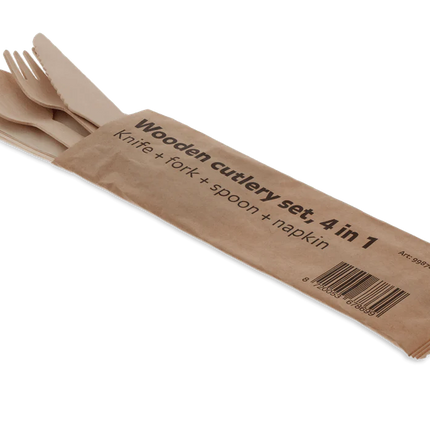 Besteckset aus Holz 4/1 Messer Gabel Löffel Serviette FSC 100%
