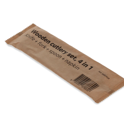 Besteckset aus Holz 4/1 Messer Gabel Löffel Serviette FSC 100%